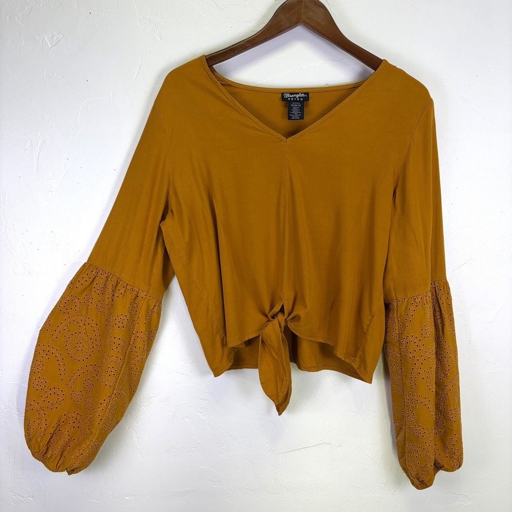 Wrangler Retro Woman's Eyelet Balloon Sleeve Blouse Size M Orange Boho Bohemian